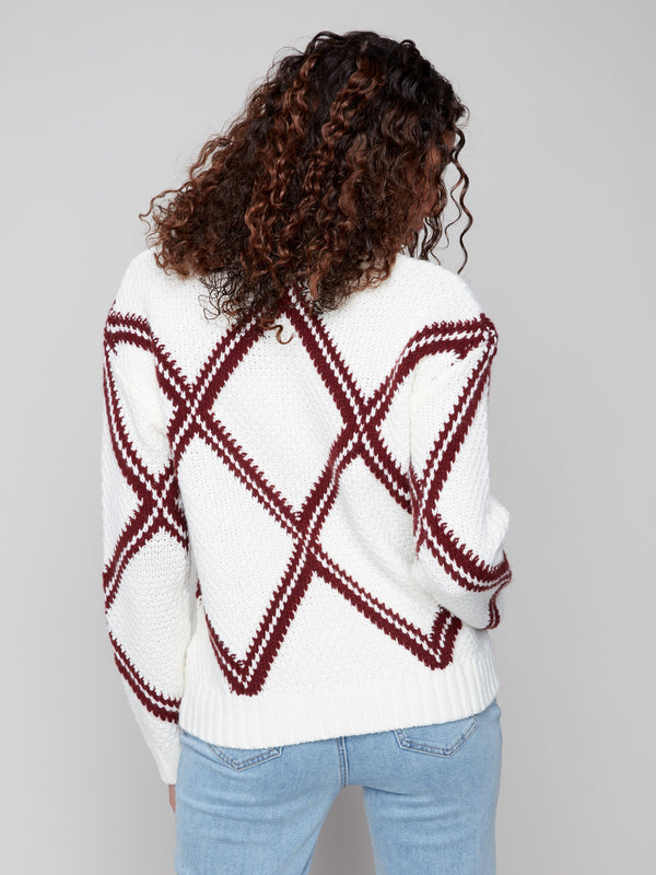 Stylish white sweater in cabernet diamond pattern, crafted with an intricate intarsia knit by Charlie B.
