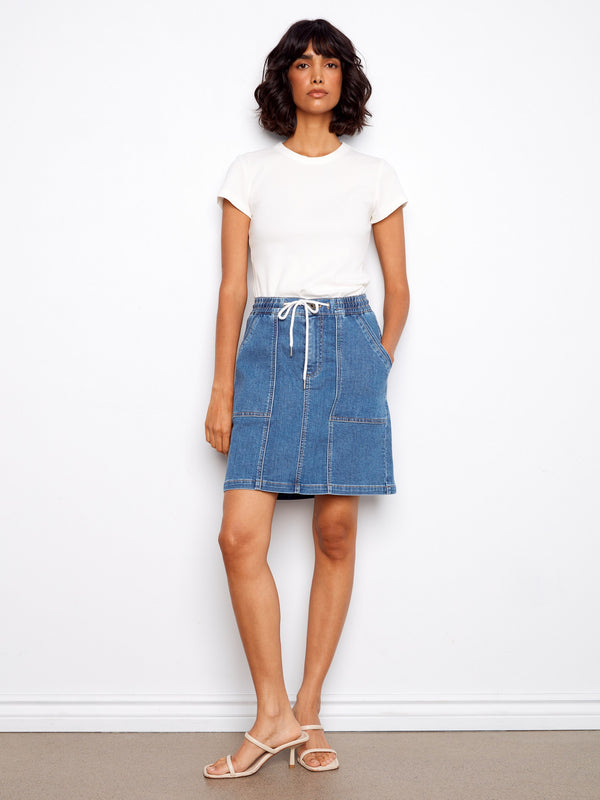 Drawstring Denim Skort With Patch Pockets - Soft Blue