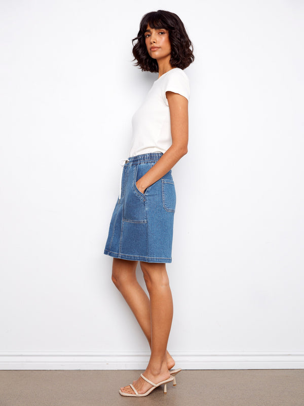 Drawstring Denim Skort With Patch Pockets - Soft Blue