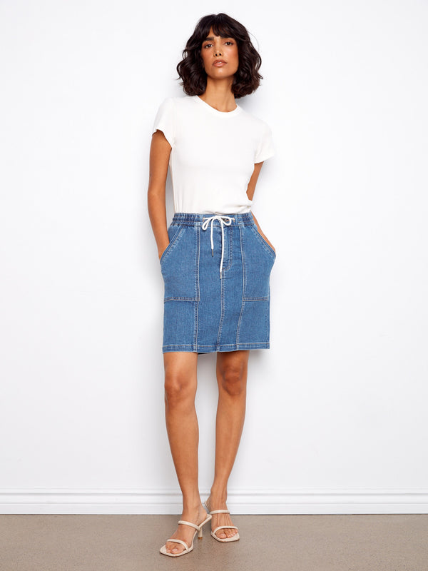 Drawstring Denim Skort With Patch Pockets - Soft Blue