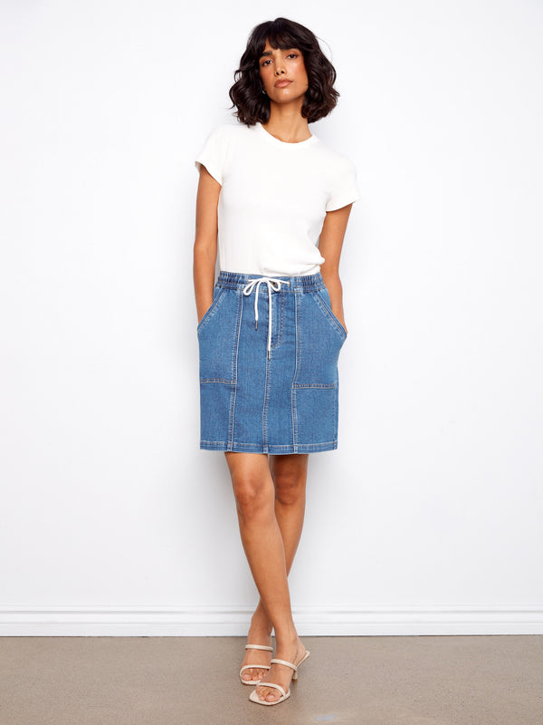 Jupe-short en denim à cordon de serrage avec poches plaquées - Bleu Doux