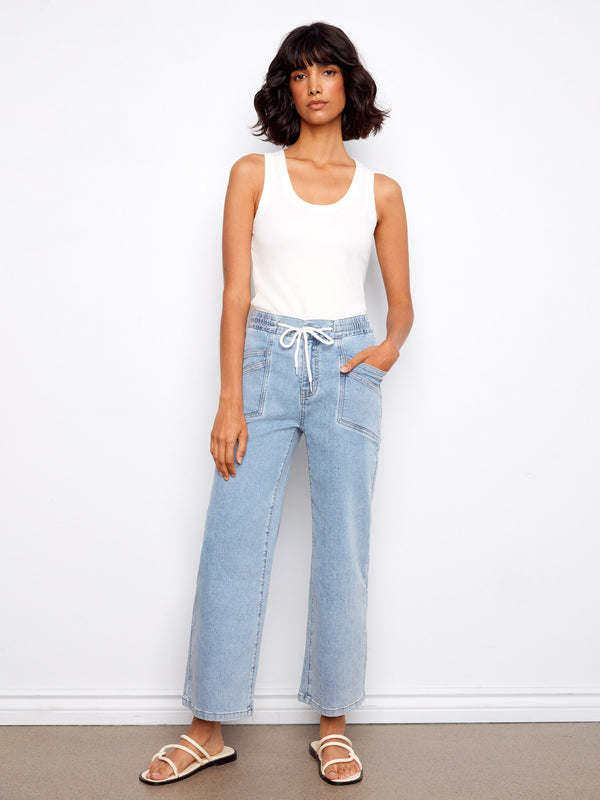 Drawstring Wide Leg Denim Pants - Soft Blue