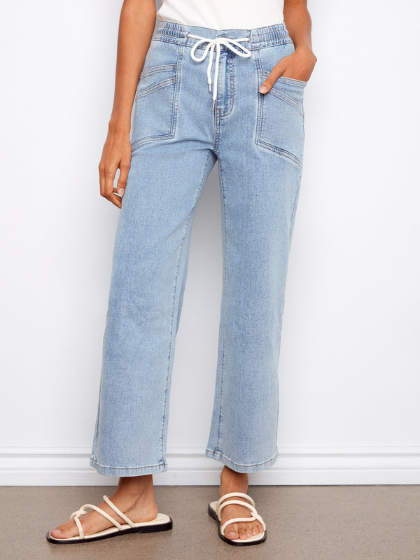 Drawstring Wide Leg Denim Pants - Soft Blue