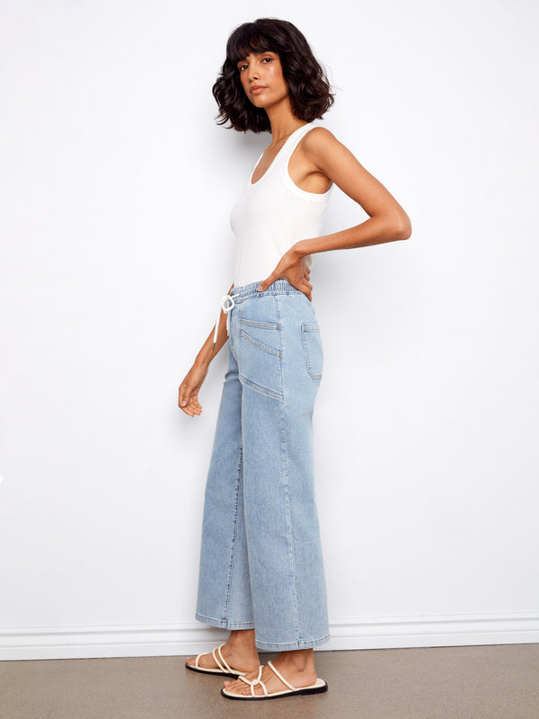 Drawstring Wide Leg Denim Pants - Soft Blue