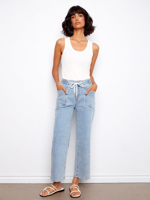 Drawstring Wide Leg Denim Pants - Soft Blue