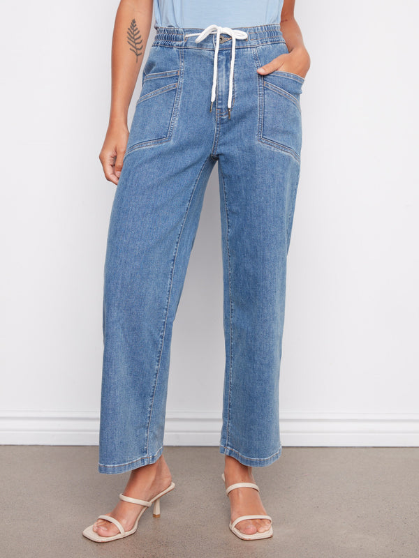 Drawstring Wide Leg Denim Pants - Vintage Blue