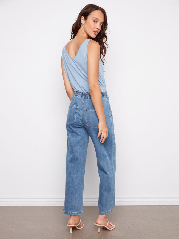 Drawstring Wide Leg Denim Pants - Vintage Blue