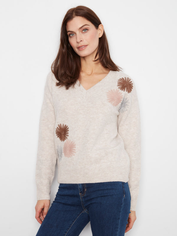 Drop Shoulder Embroidered V-Neck Sweater - Heather Oat