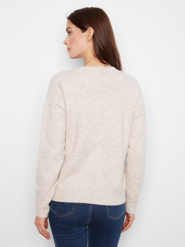 Drop Shoulder Embroidered V-Neck Sweater - Heather Oat