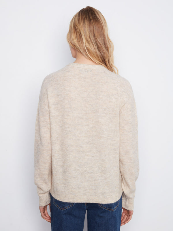 Drop Shoulder Floral Crew Neck Sweater - Ecru