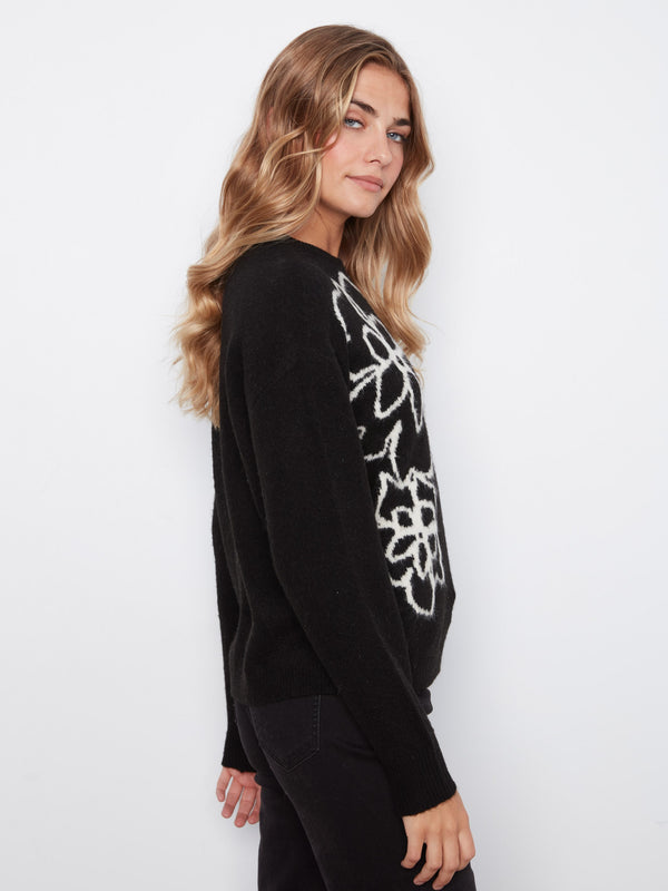 Drop Shoulder Floral Crew Neck Sweater - Black