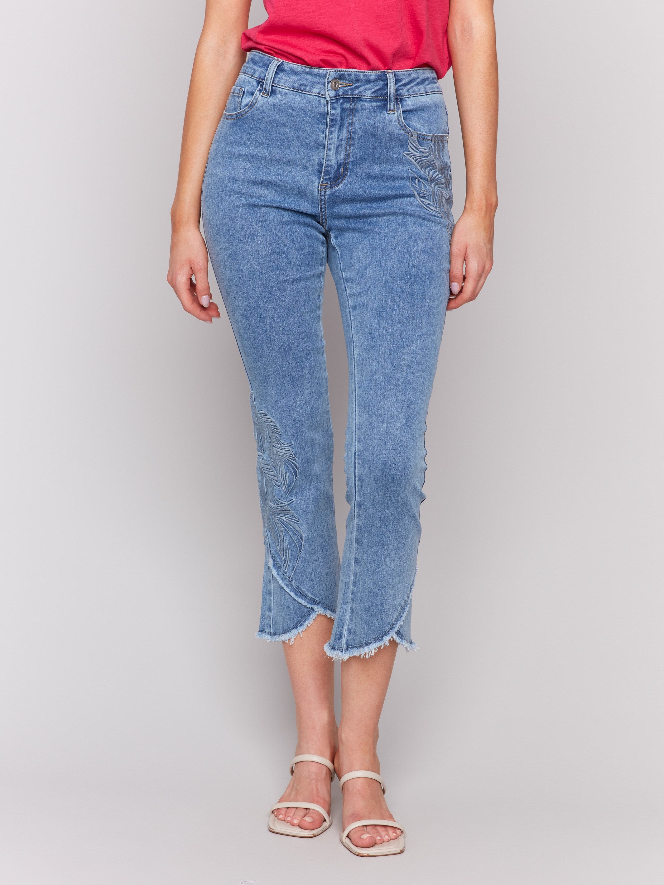 Stylish stretch denim fabric with embroidered detailing by Charlie B.