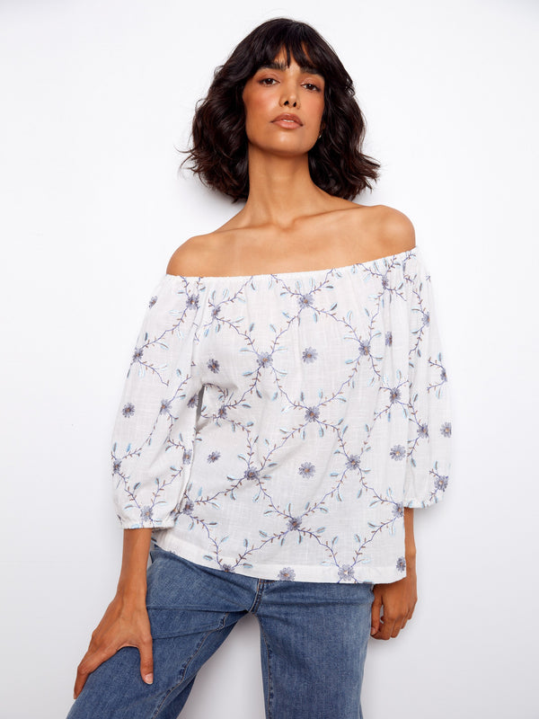 Blouse en coton brodé à épaules dénudées - Marguerite