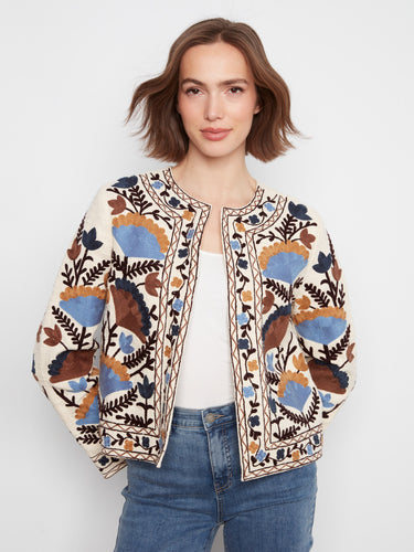 Chic cotton jacket with a relaxed fit and vibrant floral embroidery, perfect for casual outings by Charlie B.
