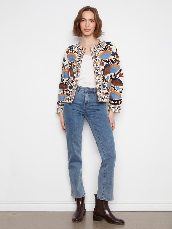 Embroidered Cotton Open Front Jacket - Autumnal