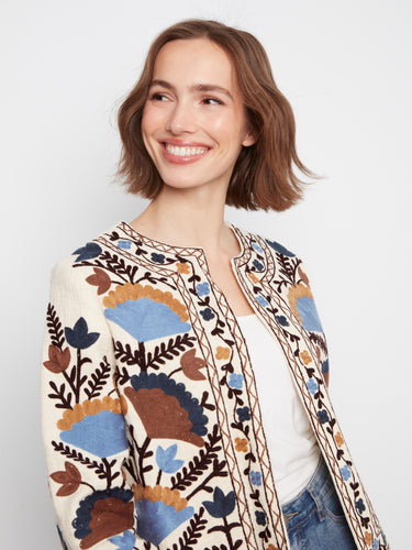 Stylish open-front cotton jacket adorned with colorful floral embroidery, ideal for layering by Charlie B.