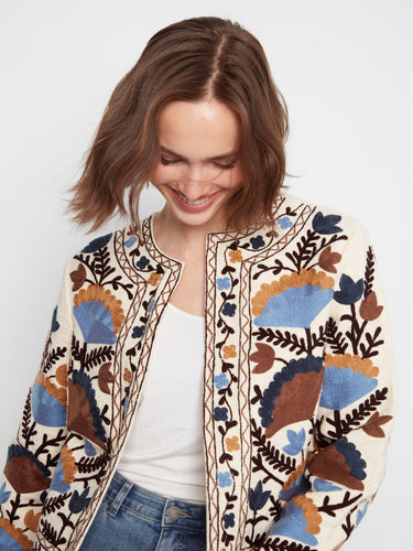 Sophisticated cotton jacket showcasing an open front closure and bold embroidered patterns by Charlie B.