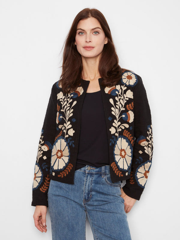 Embroidered Cotton Open Front Jacket - Poem