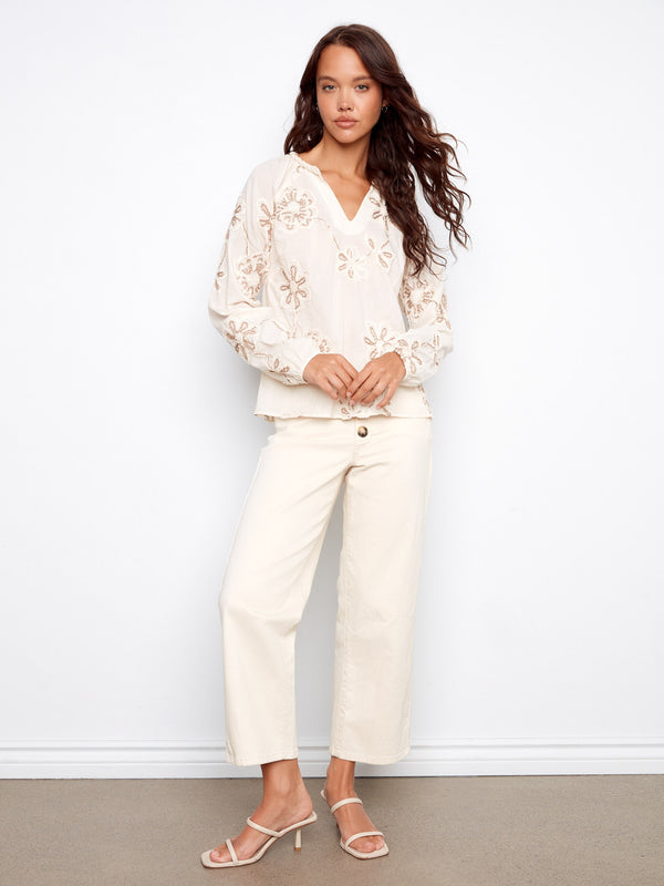 Blouse en coton brodé à enfiler - Écru