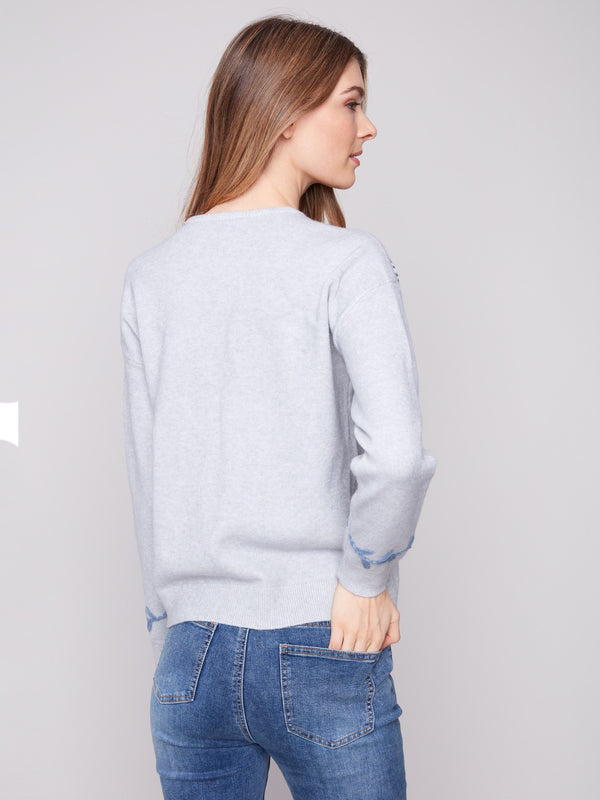 Embroidered Crew Neck Sweater - Heather Grey
