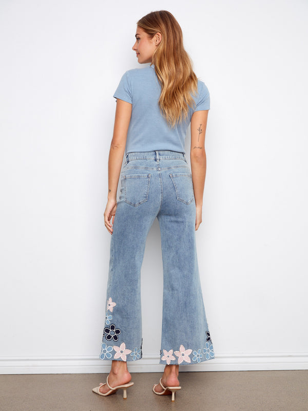 Embroidered Cropped Flare Jeans With Raw Hem - Light Blue