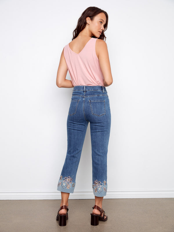 Embroidered Cuff Cropped Jeans - Medium Blue