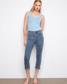 Medium blue jeans with a slim fit and five-pocket design, featuring beautiful embroidered cuffs for added style by Charlie B.
