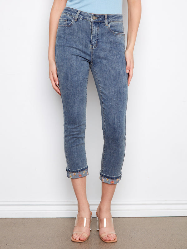 Embroidered Cuff Cropped Slim Leg Jeans - Medium Blue