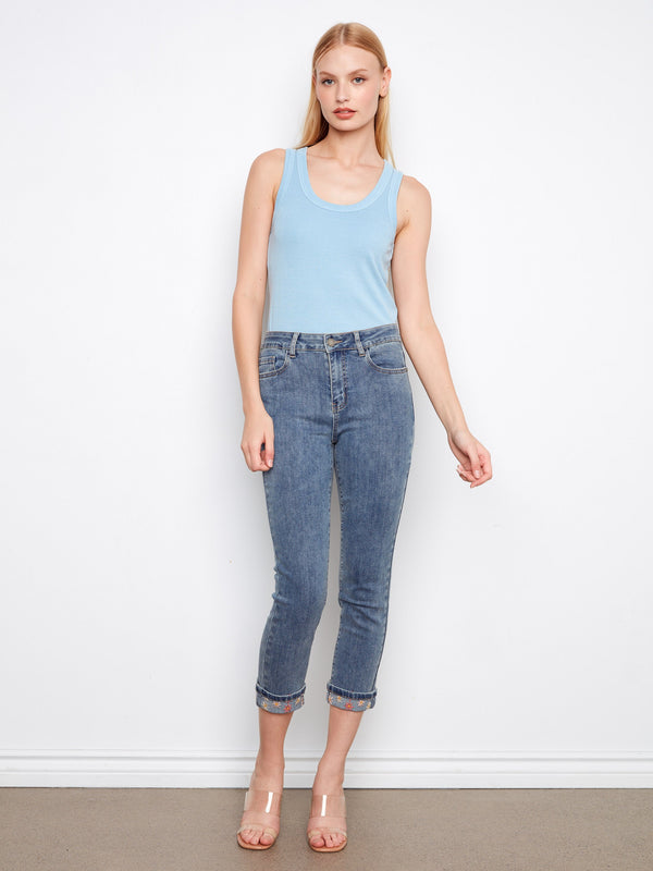 Embroidered Cuff Cropped Slim Leg Jeans - Medium Blue