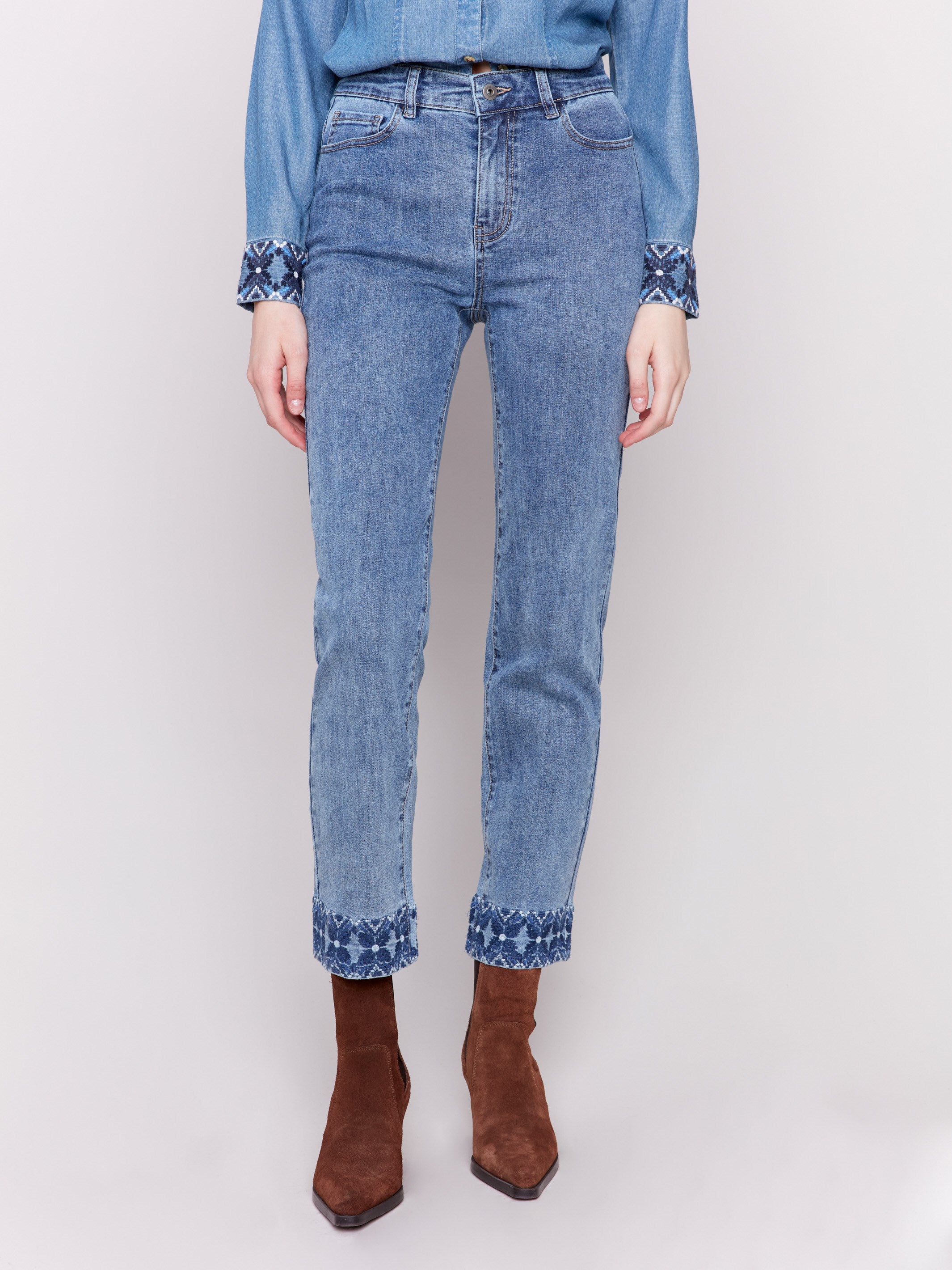 Embroidered cuff jeans on sale