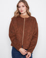 Brown faux suede bomber jacket with floral embroidery and welt pockets, ideal for a chic look by Charlie B.