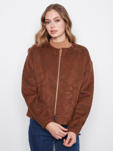 Brown faux suede bomber jacket with floral embroidery and welt pockets, ideal for a chic look by Charlie B.