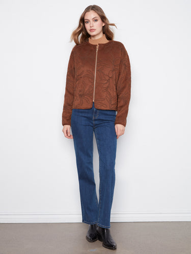 Embroidered brown faux suede bomber jacket featuring a stylish crew neckline by Charlie B.