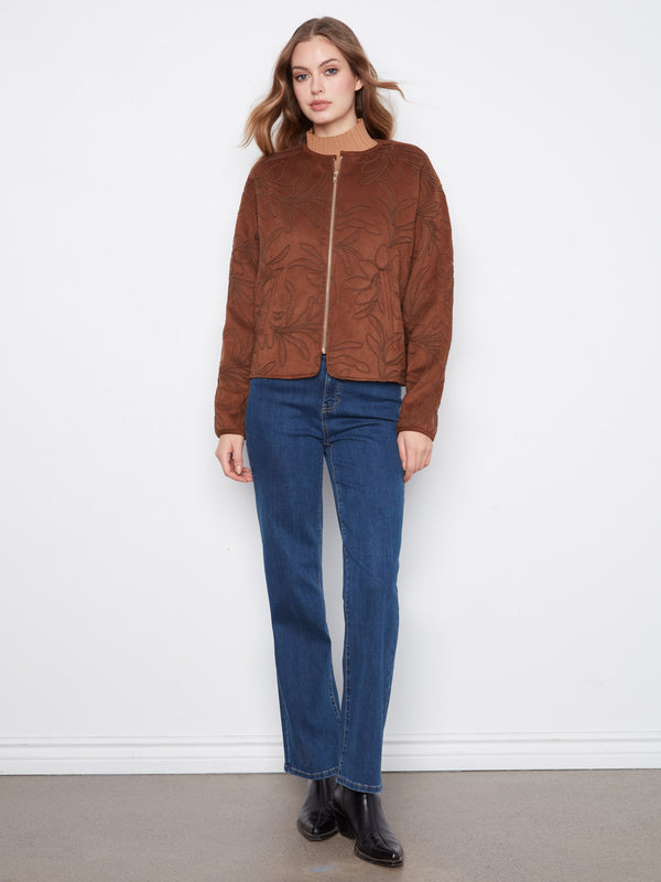 Veste bomber en faux suède brodée - Brun