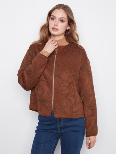 Chic brown bomber jacket in faux suede with front zipper closure and elegant floral designs by Charlie B.