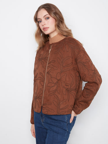 Stylish short length brown faux suede bomber jacket adorned with intricate embroidery by Charlie B.