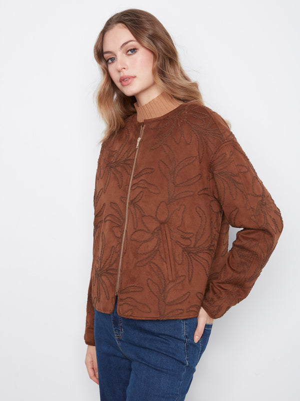 Veste bomber en faux suède brodée - Brun