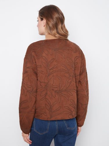 Elegant brown bomber jacket crafted from faux suede, showcasing detailed floral embroidery by Charlie B.