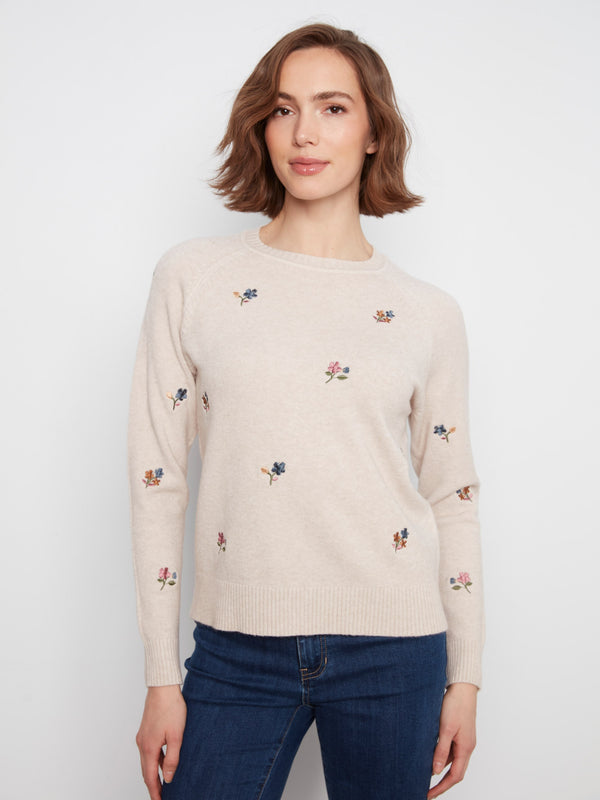 Chandail raglan à broderie florale - Amande Chiné