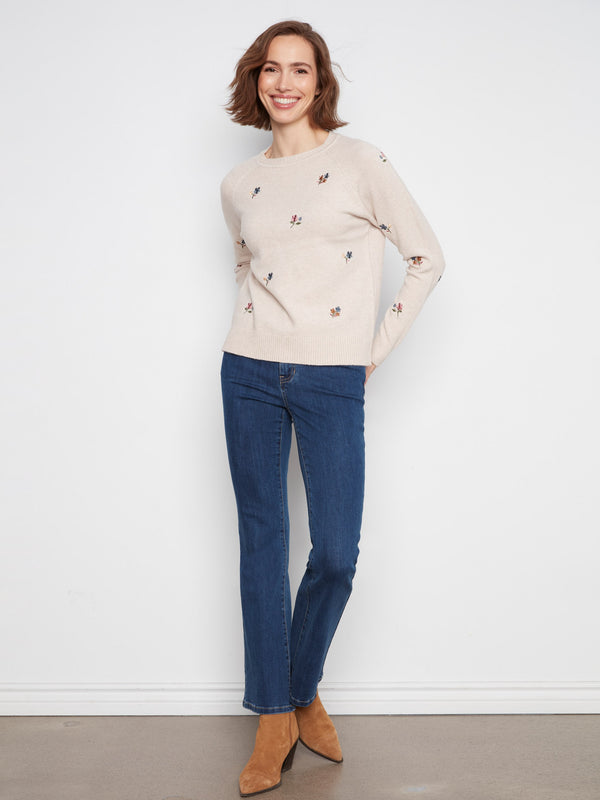 Chandail raglan à broderie florale - Amande Chiné
