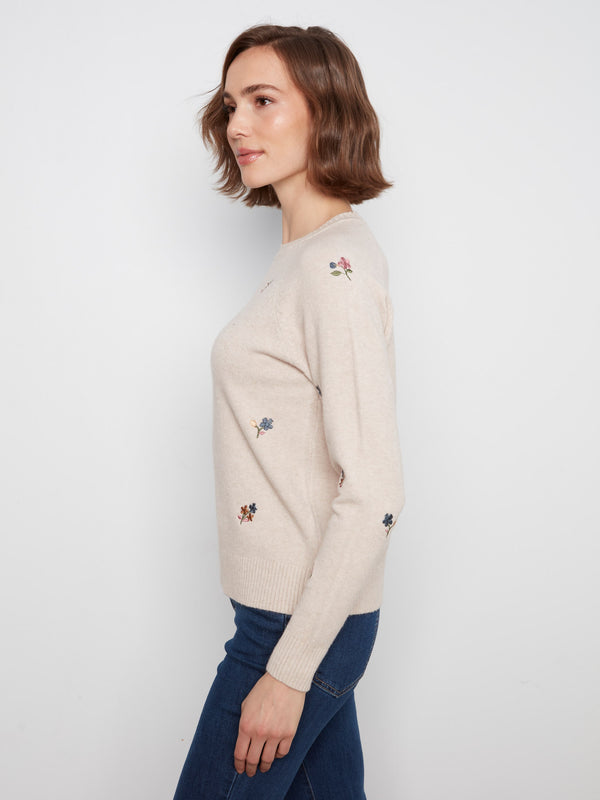 Chandail raglan à broderie florale - Amande Chiné