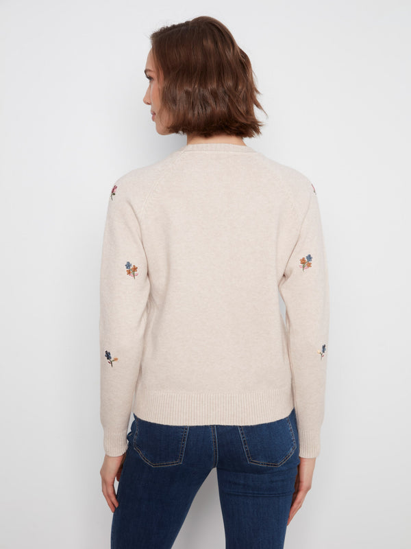 Chandail raglan à broderie florale - Amande Chiné