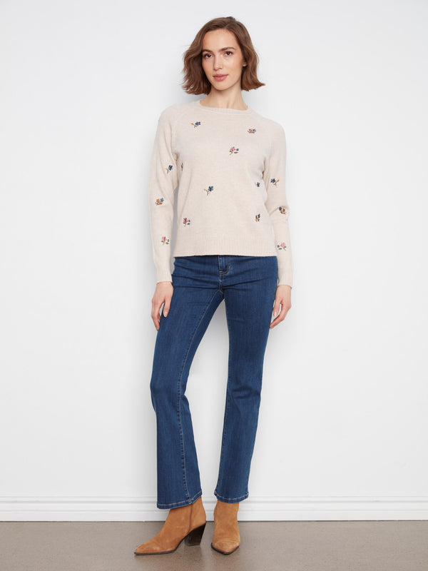Chandail raglan à broderie florale - Amande Chiné