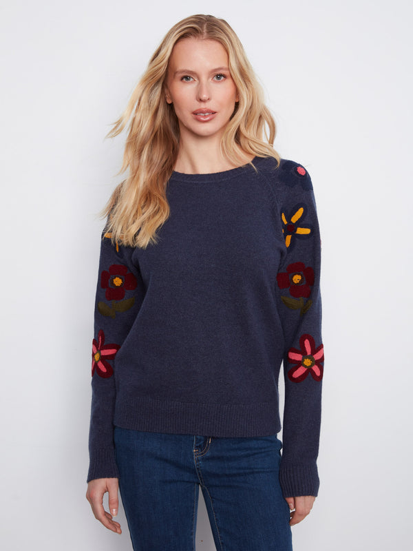 Embroidered Floral Raglan Sweater - Heather Denim