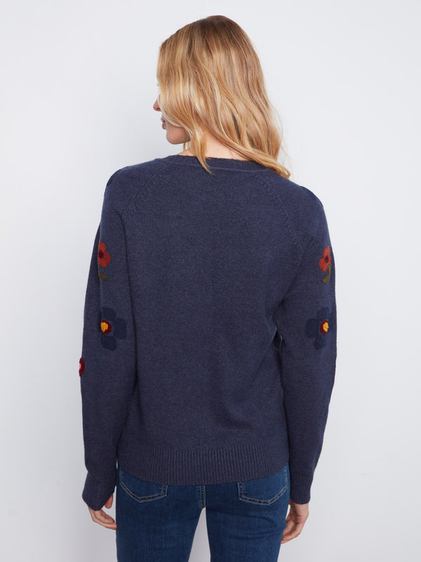 Embroidered Floral Raglan Sweater - Heather Denim
