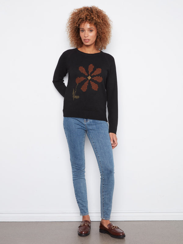 Embroidered Floral Raglan Sweater - Black