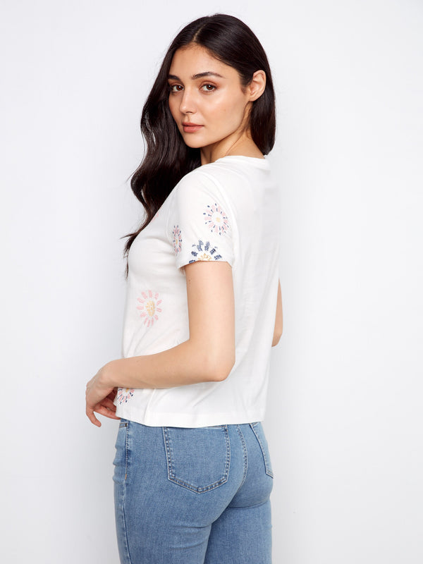 Embroidered Flowers Cotton Jersey T-Shirt - Daisies