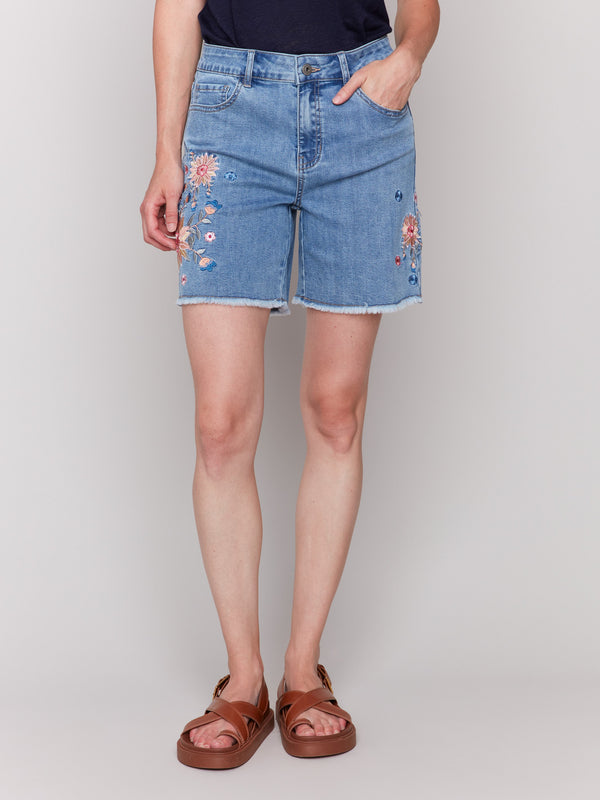 Light blue shorts crafted from stretch denim fabric by Charlie B.