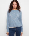 Blue sweater with heart embroidery, showcasing a crew neckline and ribbed cuffs for added texture by Charlie B.