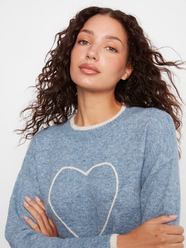 Heather natural sweater featuring charming heart embroidery and drop shoulders for a relaxed fit by Charlie B.